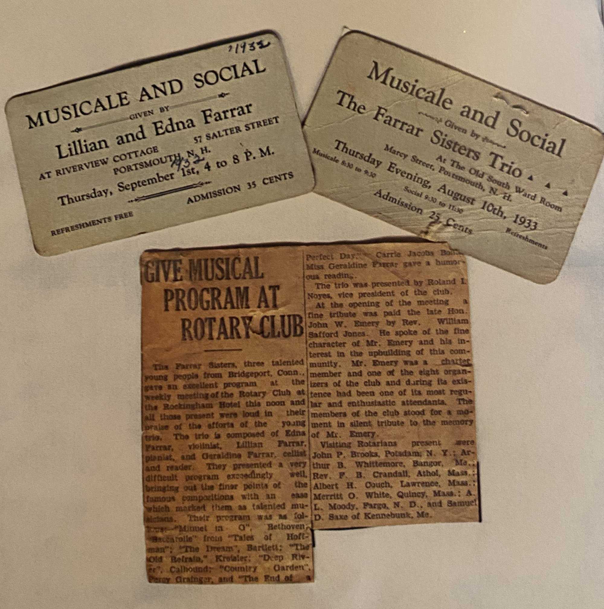 The Farrar Sisters Trio performed in Portsmouth, N.H., in 1933, including at Blank's Riverview Cottage, according to the historical newspaper clippings and documents pictured.