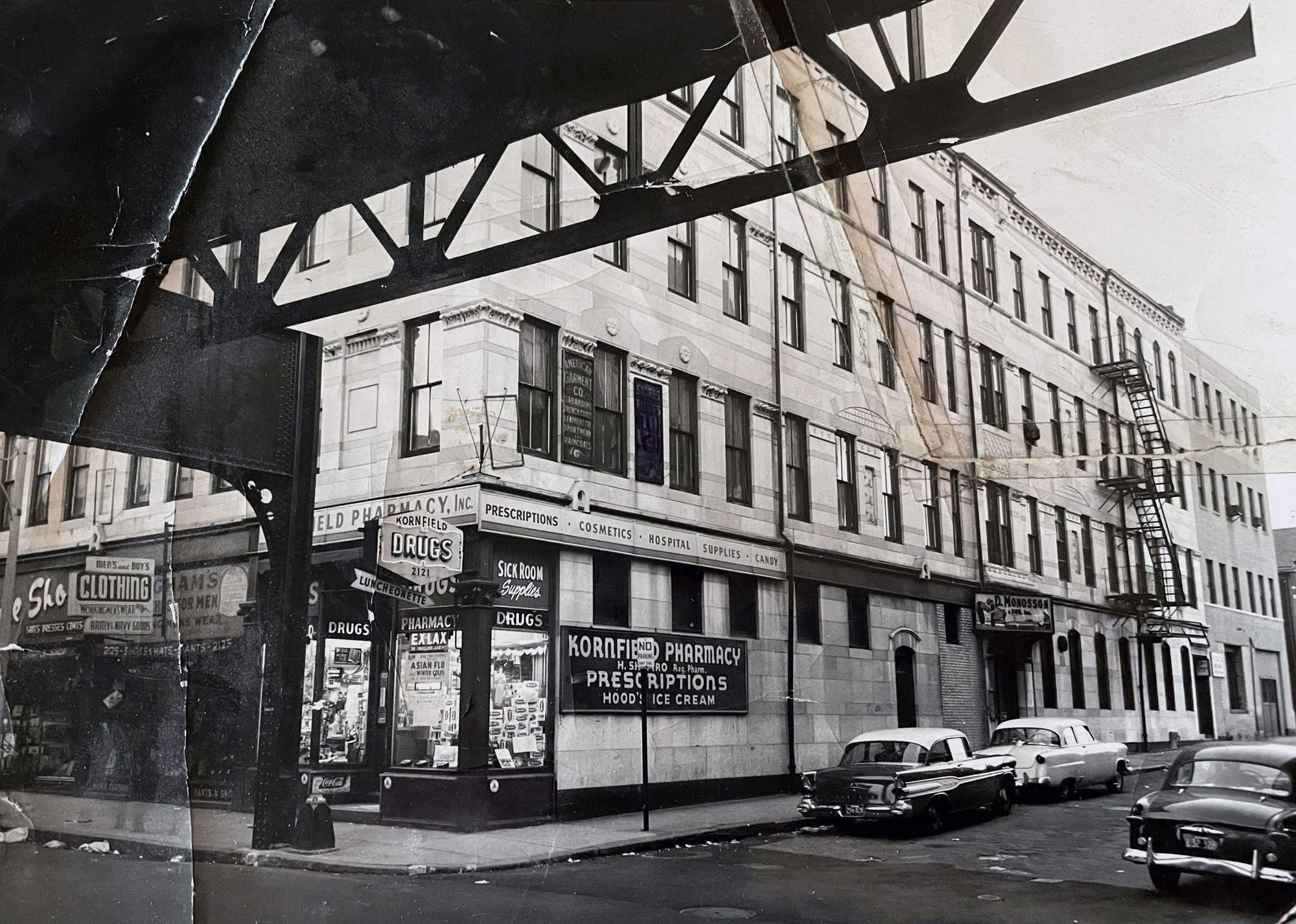 Exterior of the Kornfield Pharmacy, taken in the 1950s. 