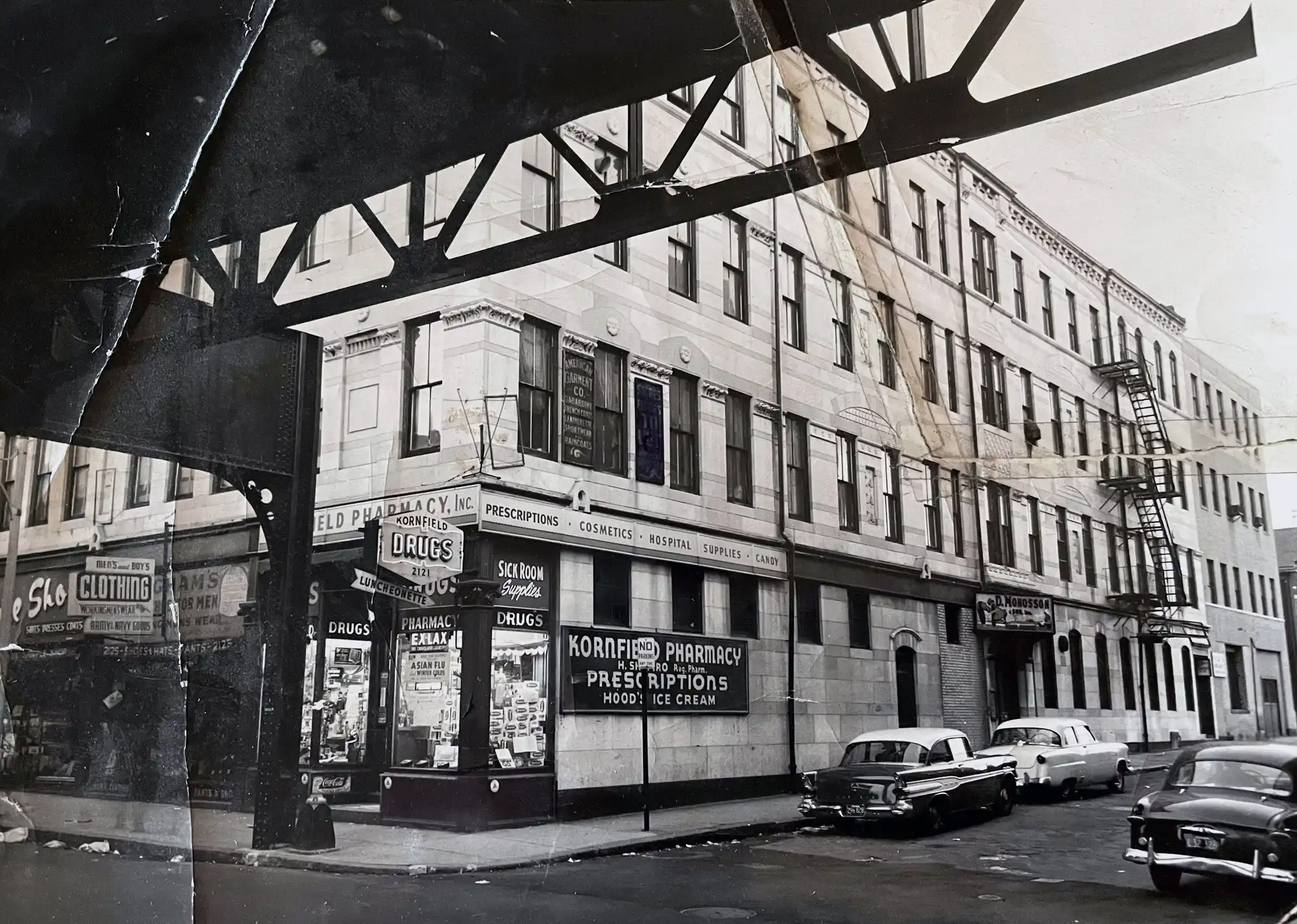 Exterior of the Kornfield Pharmacy, taken in the 1950s.