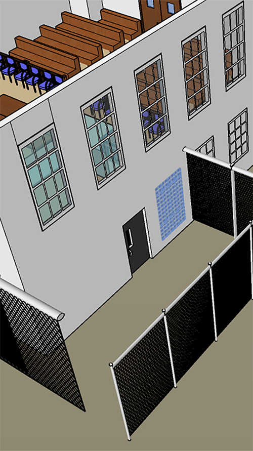 Sketch of the courthouse from the outside, one level below.