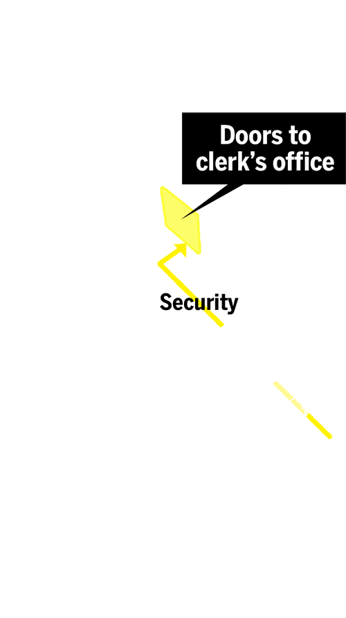 Highlighting the clerk’s door to the right