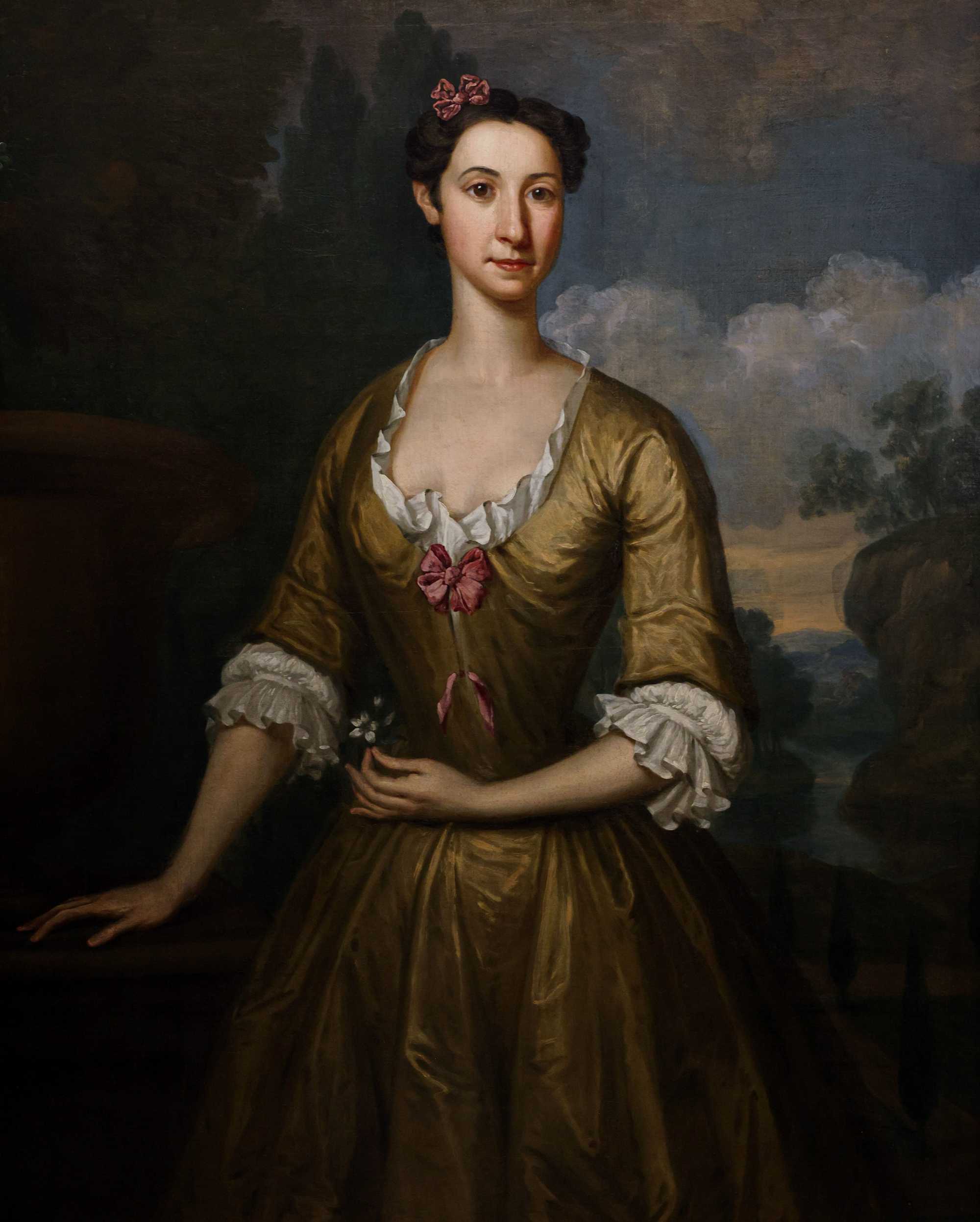 A portrait of Mary Ann (Faneuil) Jones, painted by John Smibert, is displayed in the stacks at the Massachusetts Historical Society in Boston.