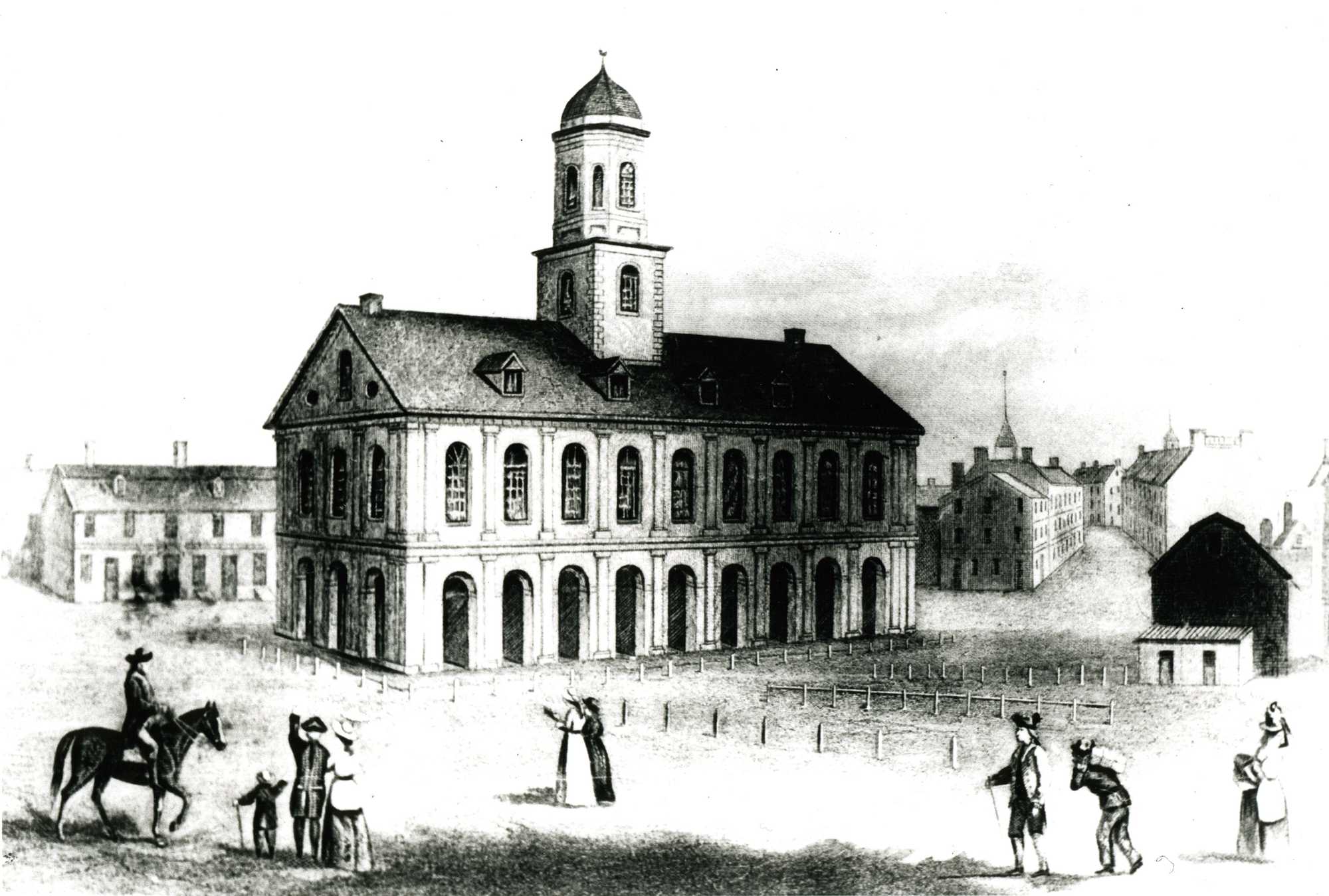 Illustration shows Faneuil Hall, the market house and public hall in Dock Square in 1789. 
