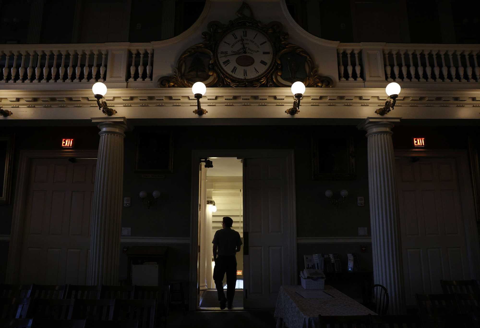 Eric Hanson Plass of the National Park Service toured the Great Hall at Faneuil Hall.