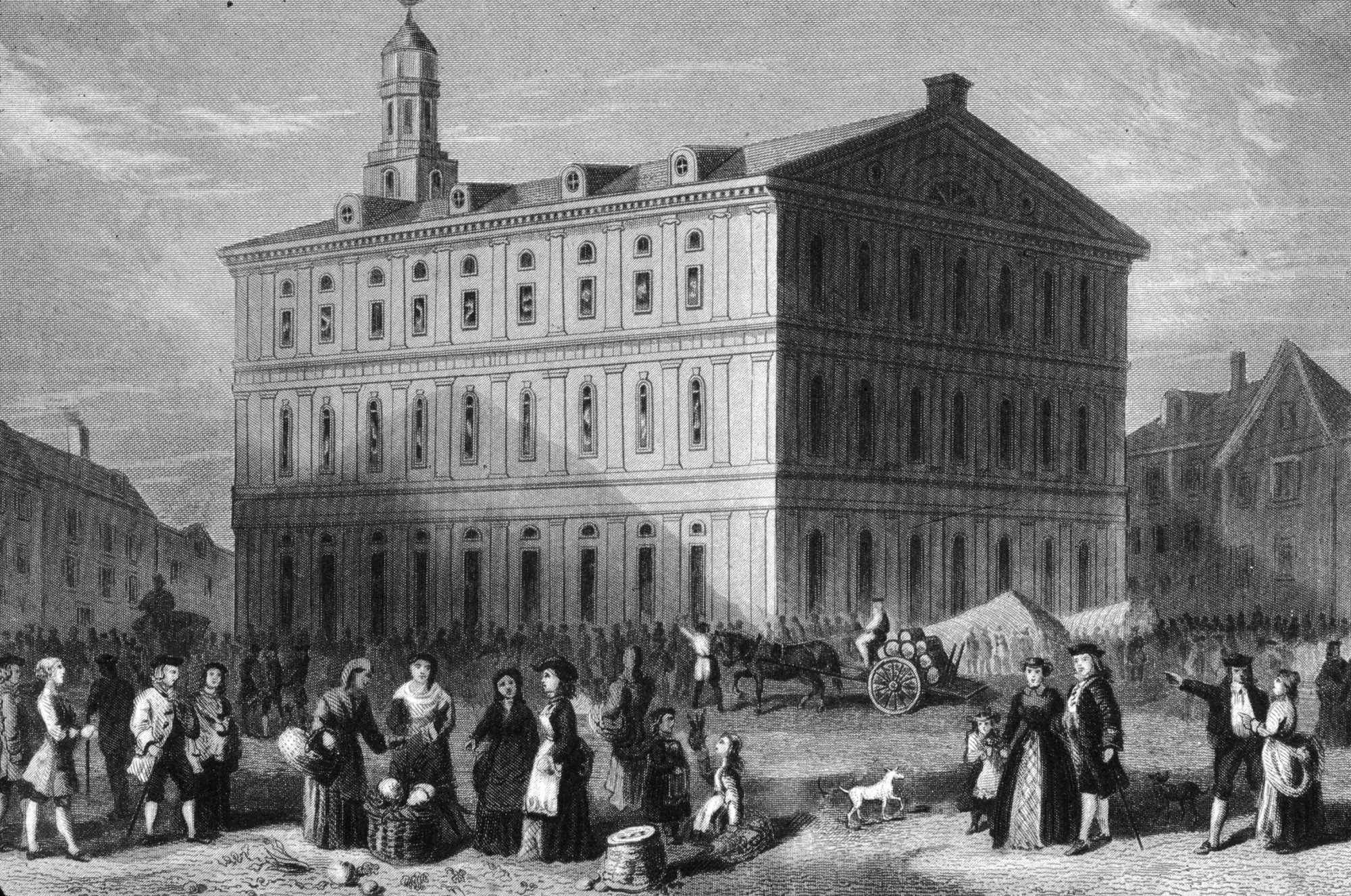 Crowds outside the Faneuil Hall in Boston. 