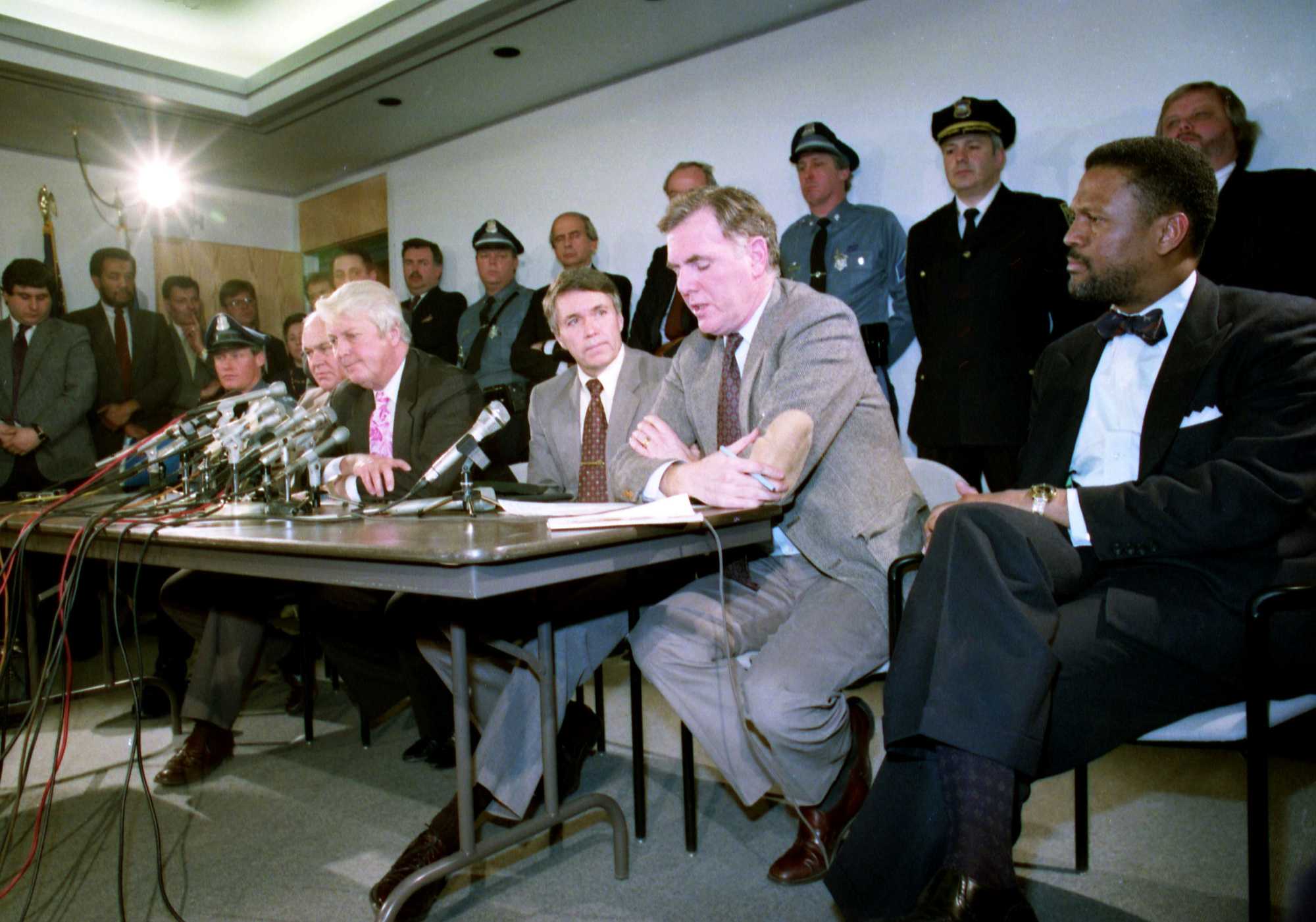 From left, District Attorney Newman Flanagan, Police Commissioner Francis Roache, and Boston Mayor Ray Flynn addressed the media at press conference following the suicide of Charles Stuart on Jan. 4, 1990.