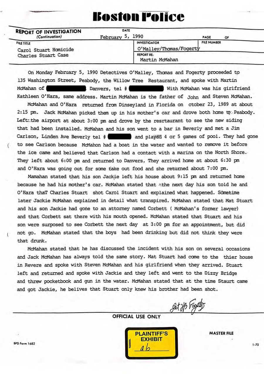 Several people in Matthew Stuart’s and Jack McMahon’s circles learned the truth behind Carol’s death before they finally went to police. This is a police report describing an interview with Jack McMahon’s father, who was told about the coverup within days of the shooting.