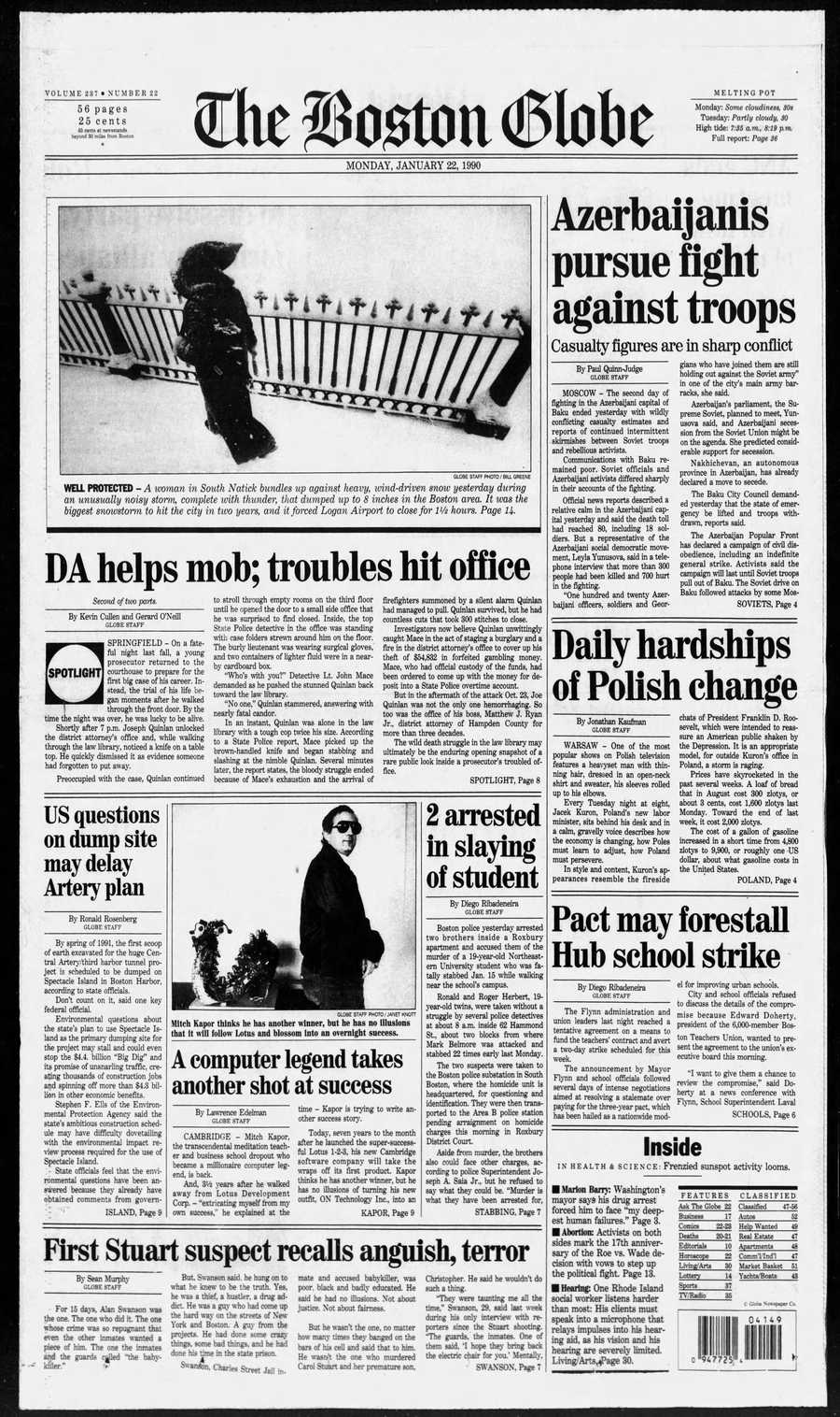 Boston Globe front from Jan. 22, 1990
