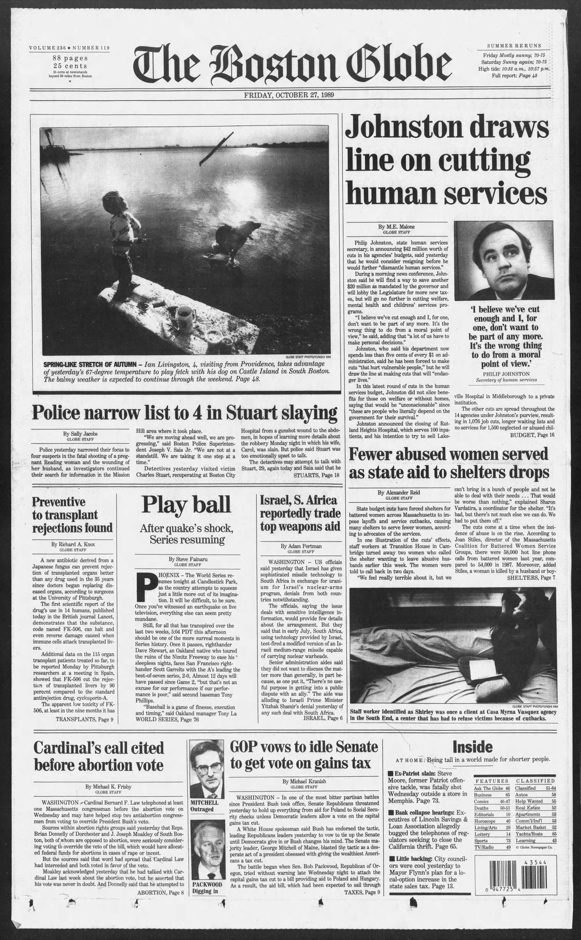 Globe front page from Oct. 27, 1989.