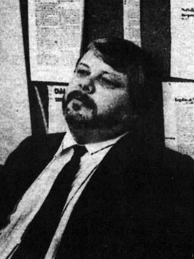 Francis A. O'Meara sitting on a bench in a Suffolk County courthouse in November 1989.