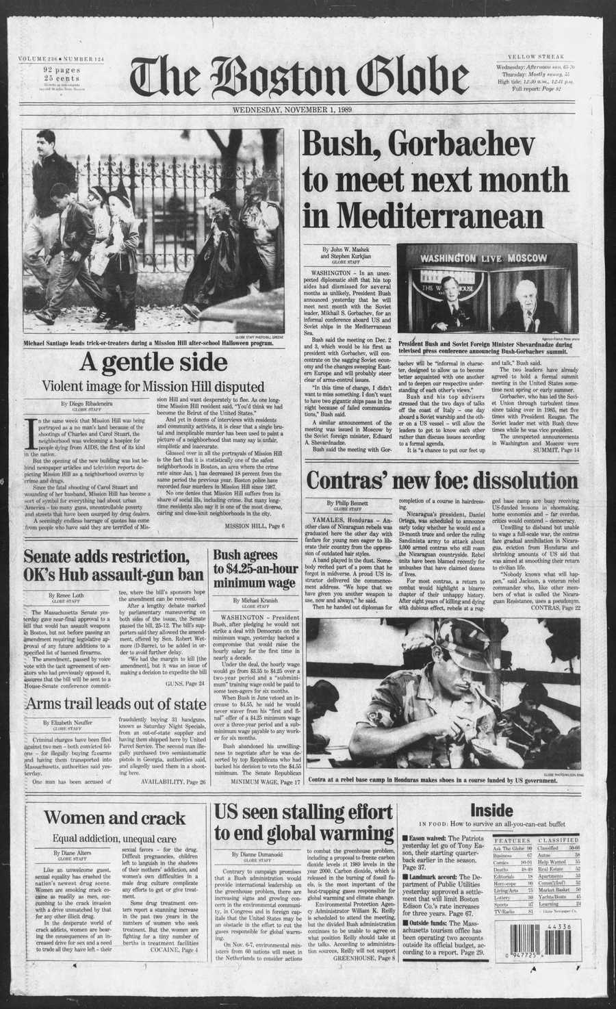 Boston Globe front from Nov. 1, 1989.