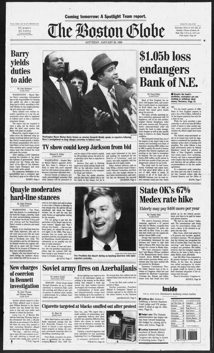Boston Globe front from Jan. 20, 1990