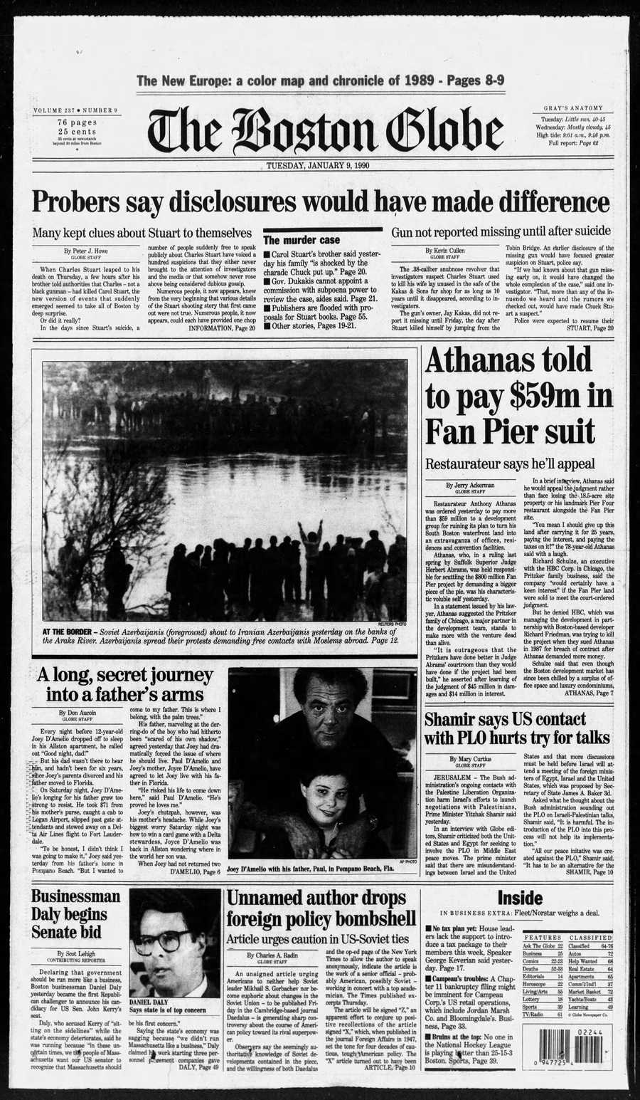 Boston Globe front from Jan. 9, 1990
