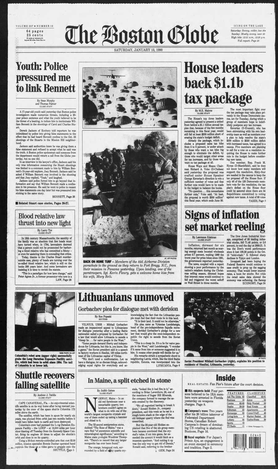 Boston Globe front page from Jan. 13, 1990