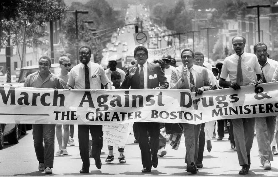 Ministers lead the March Against Drugs down Blue Hill Avenue in the Roxbury neighborhood of Boston on Jul. 16, 1988. (Mark Wilson/Globe Staff) 