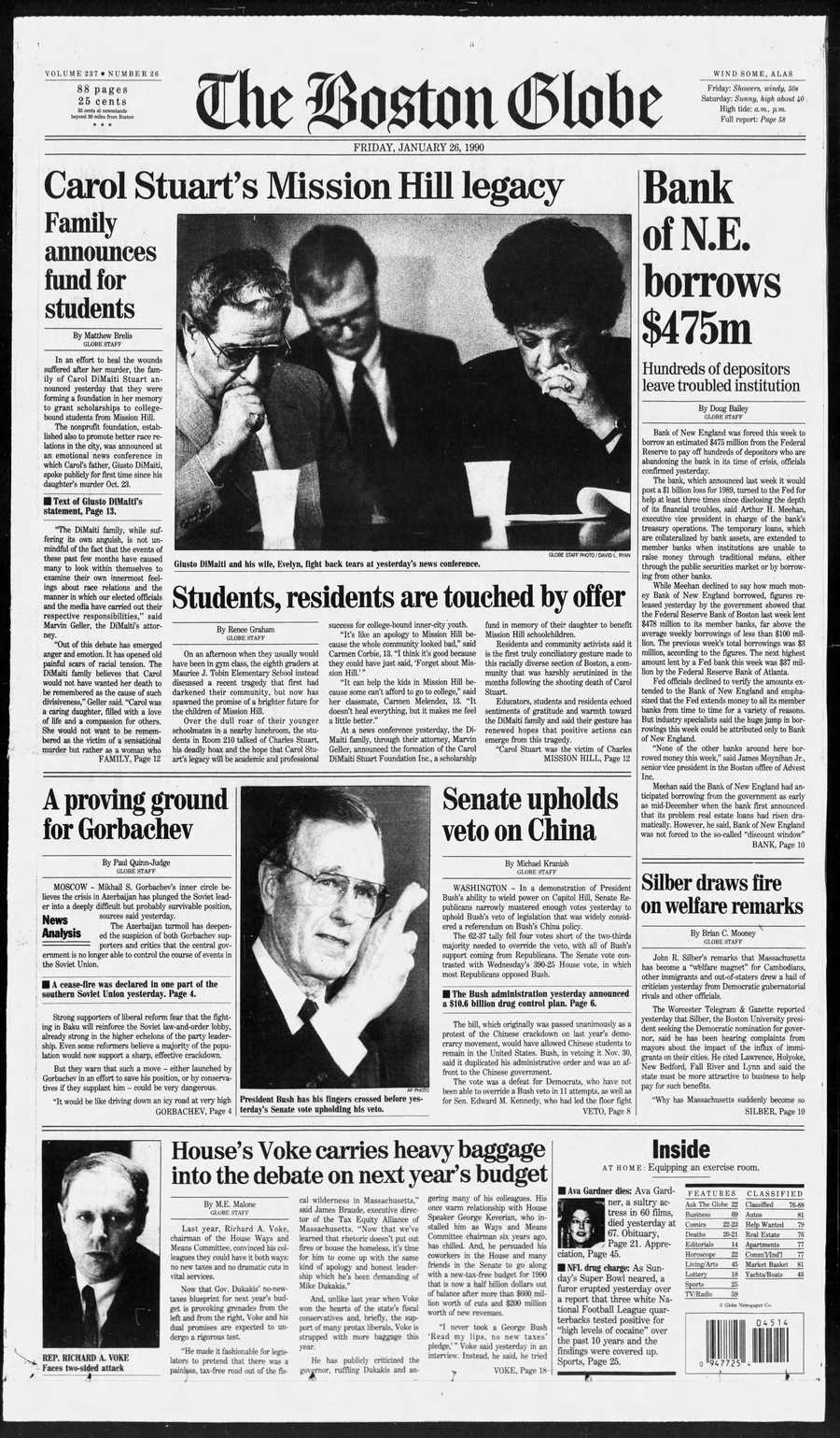 Boston Globe front from Jan. 26, 1990