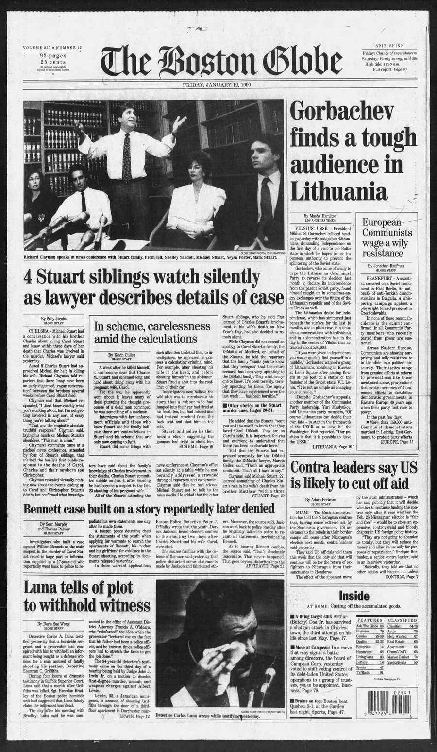 Boston Globe front from Jan. 12, 1990