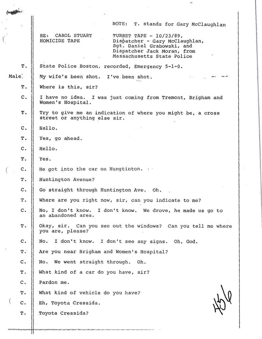 A transcript of Chuck Stuart’s 911 call shortly after the Mission Hill shooting.