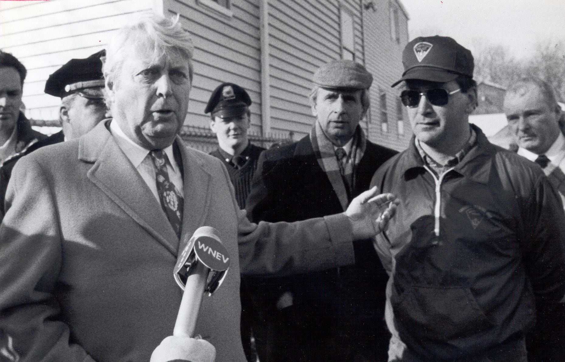 Suffolk District Attorney Newman Flanagan (left) described how Metropolitan Police Officer Paul Hartley (right) found the gun that was believed to be used in the Stuart shooting on Jan 9, 1990. 