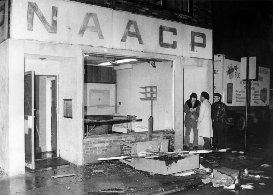 The Boston NAACP headquarters, after it was damaged in a firebombing on Dec. 9, 1975. (Dan Sheehan/Globe Staff)