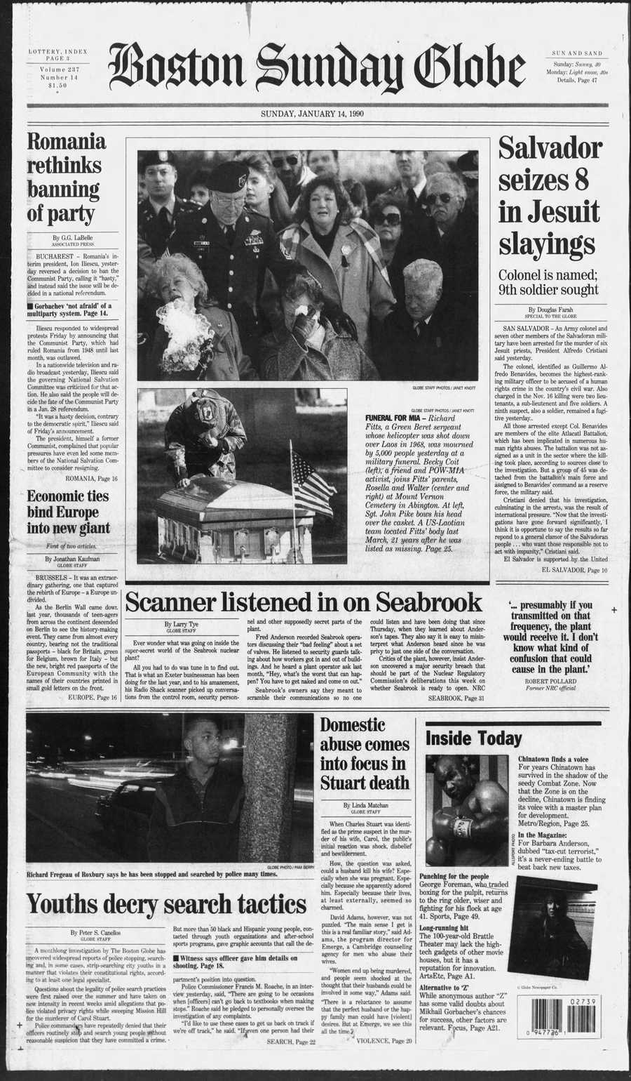 Boston Globe front from Jan. 14, 1990
