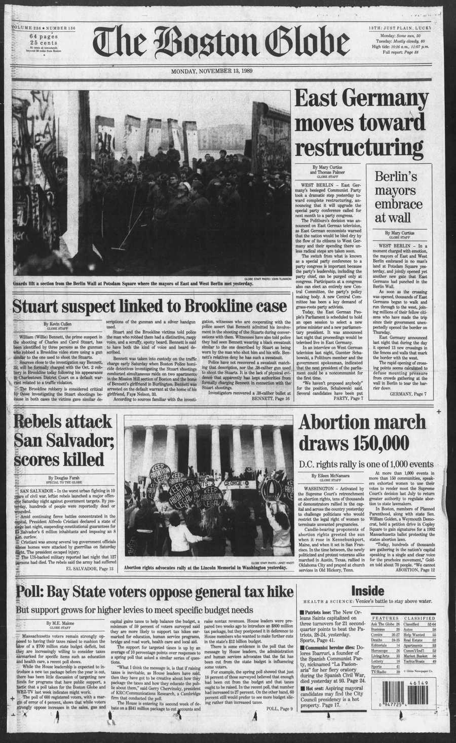 Boston Globe front from Nov. 13, 1989