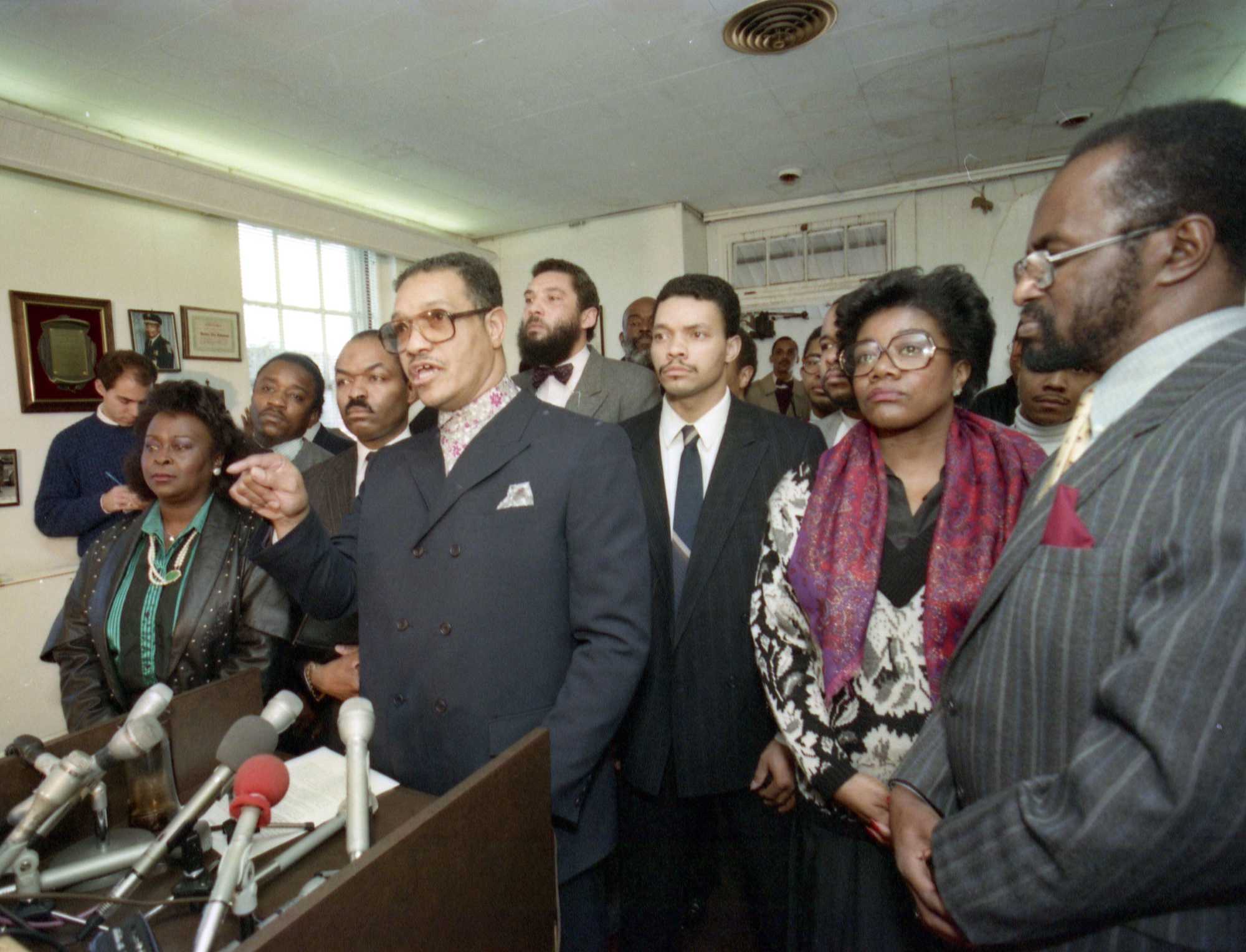 Minister Don Muhammad addressed a news conference at Muhammad Mosque No. 11, called by Boston's black leaders to denounce the handling of the Charles Stuart case on Jan. 5, 1990. 