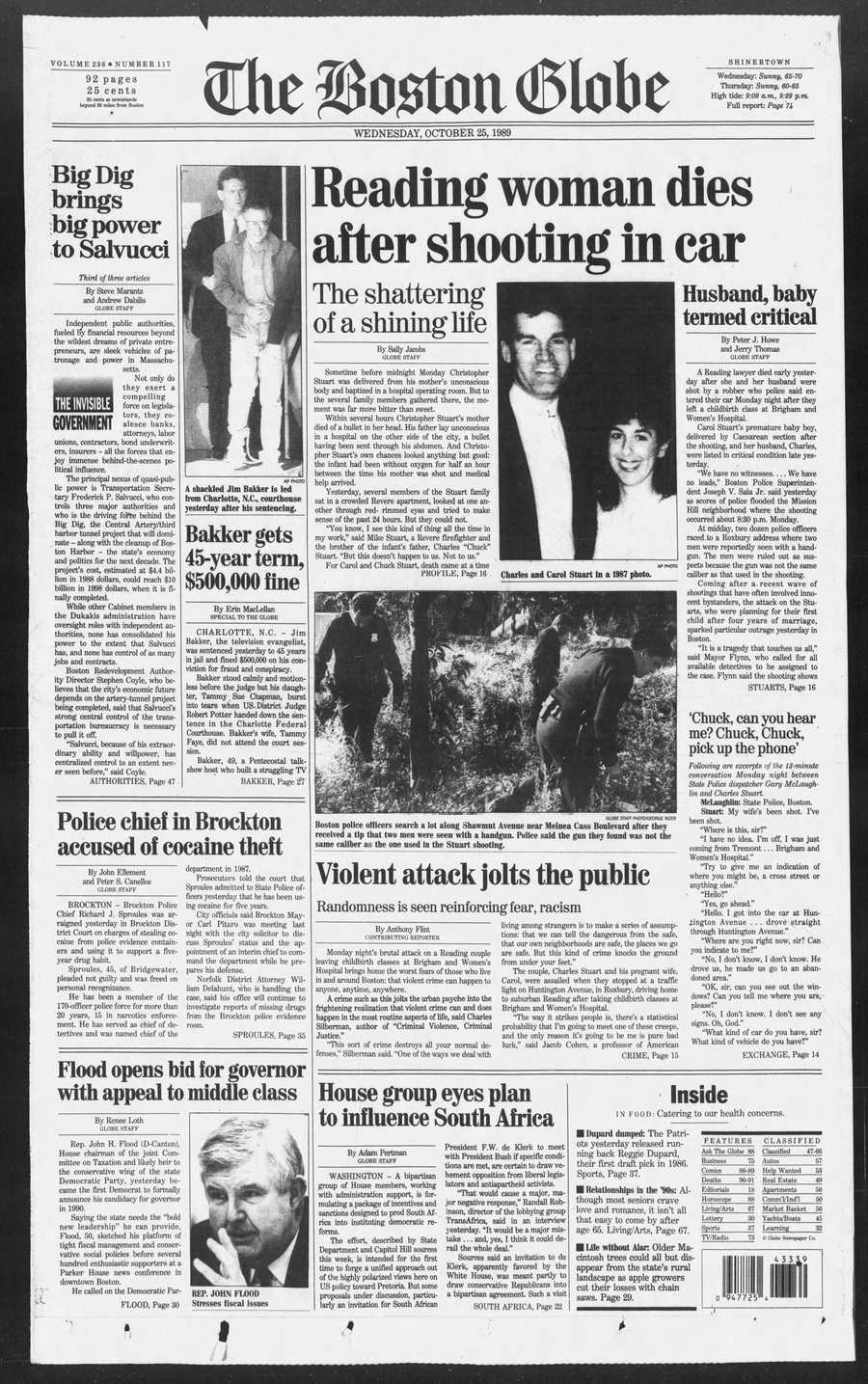 Front page of The Boston Globe, Oct. 25, 1989. Lead headline reads "Reading woman dies after shooting in car."