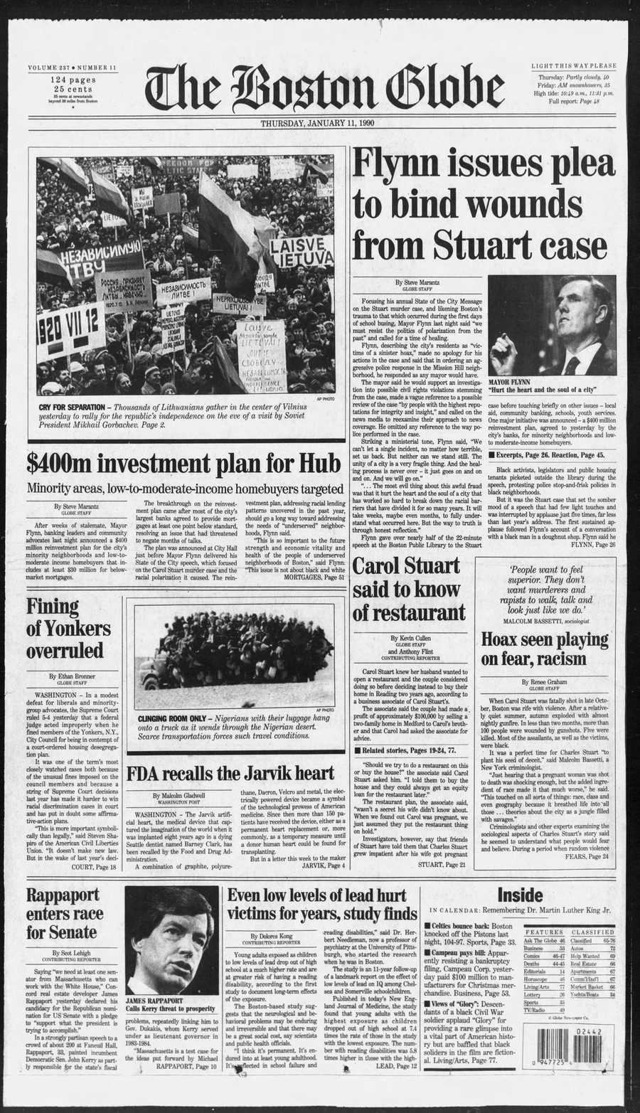 Boston Globe front from Jan. 11, 1990