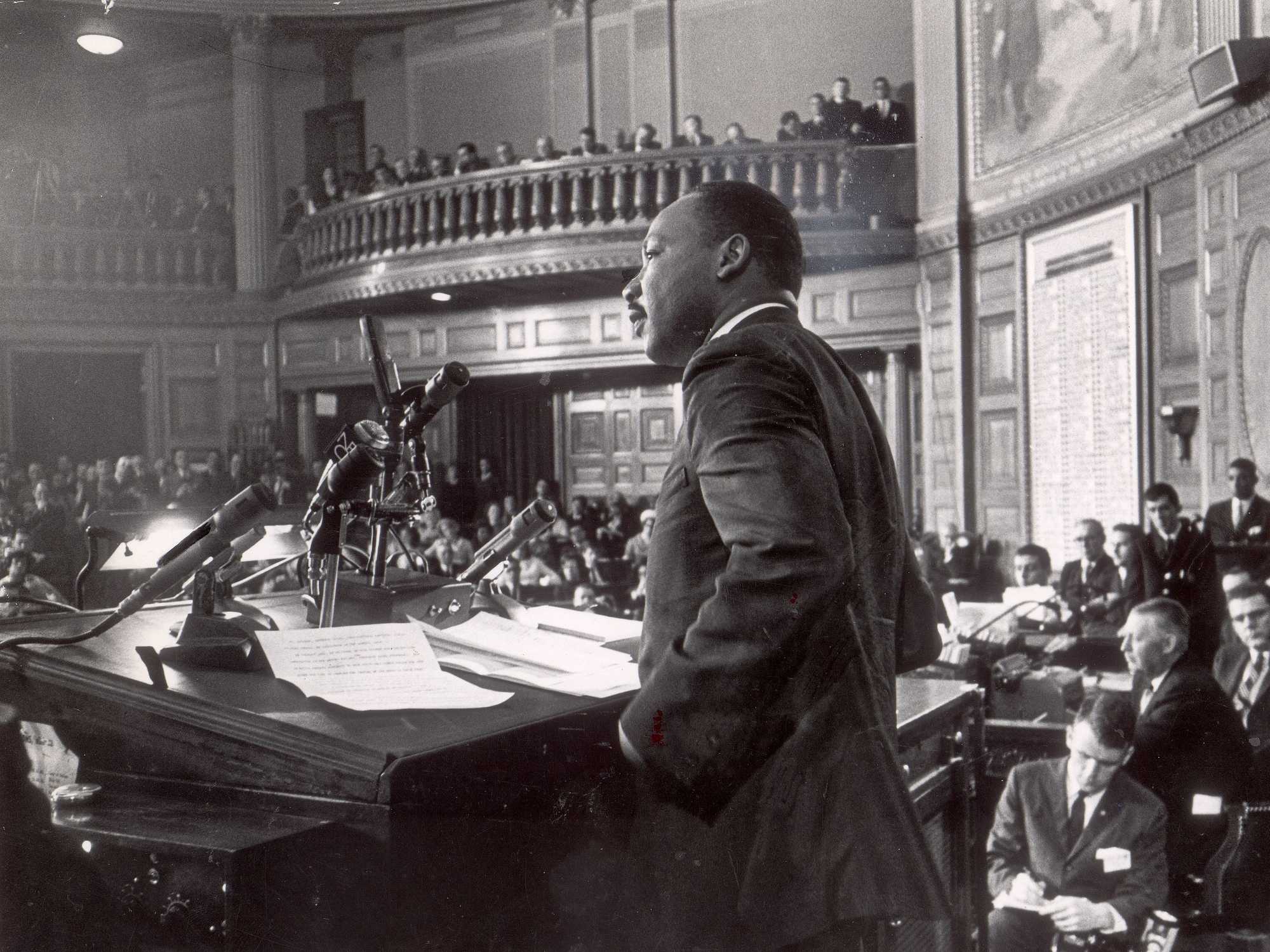 Dr. Martin Luther King Jr. speaking out against segregation at a joint session of the Massachusetts Legislature on April 22, 1965. King said he came to the Bay State not to condemn but to encourage, and warned "that from these halls liberty must be preserved."