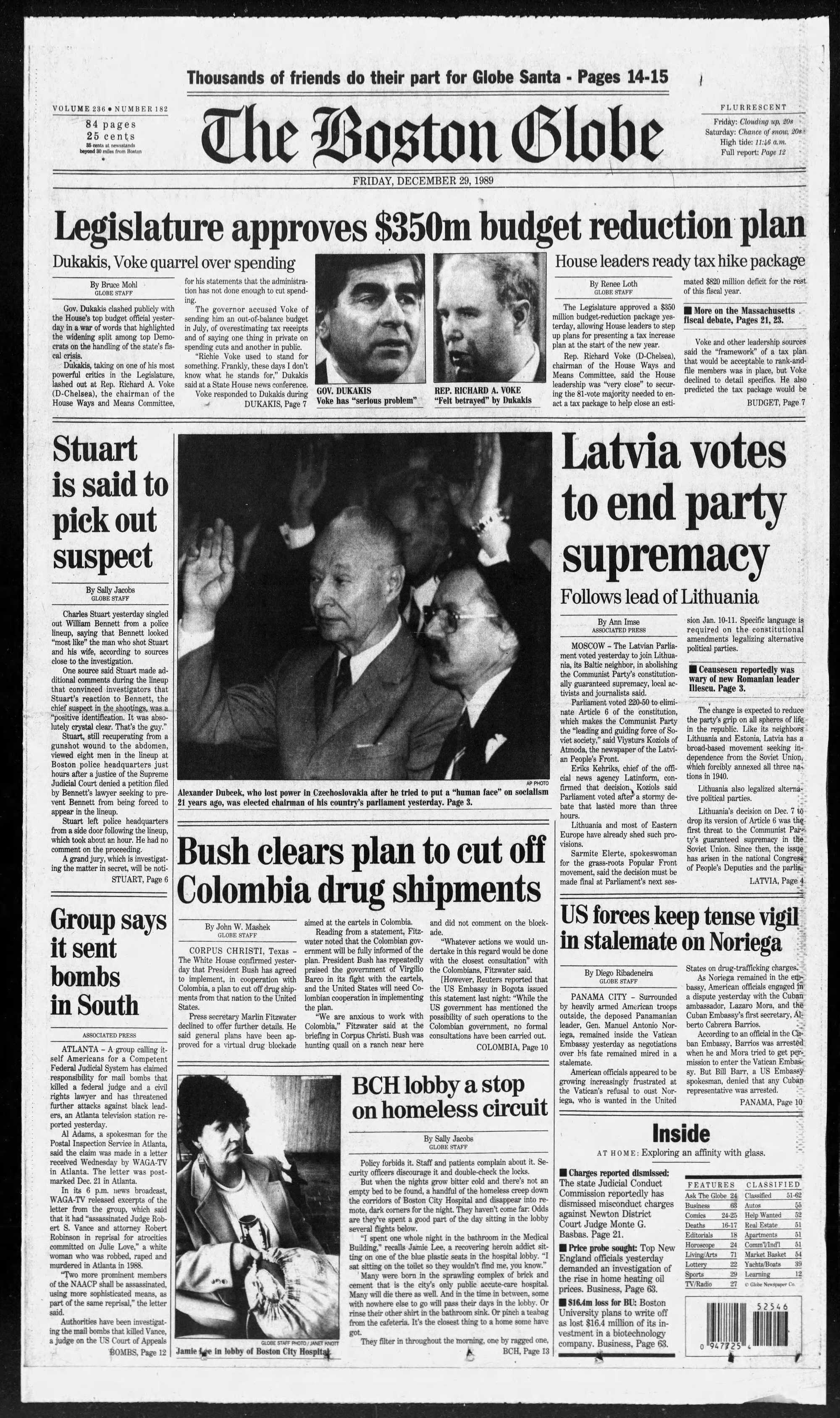 Boston Globe front from Dec. 29, 1989
