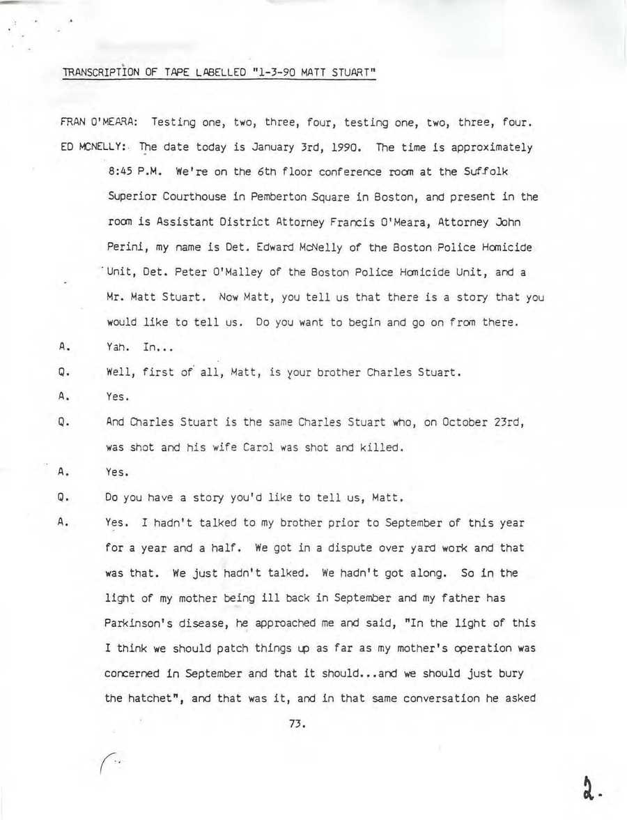 Transcription of Tape Labelled “1-3-90 Matt Stuart”, page 1. (Boston Globe)