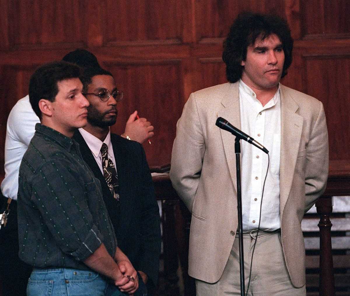 Matthew Stuart (right) was arraigned on drug charges in Chelsea District Court on May 16, 1997.