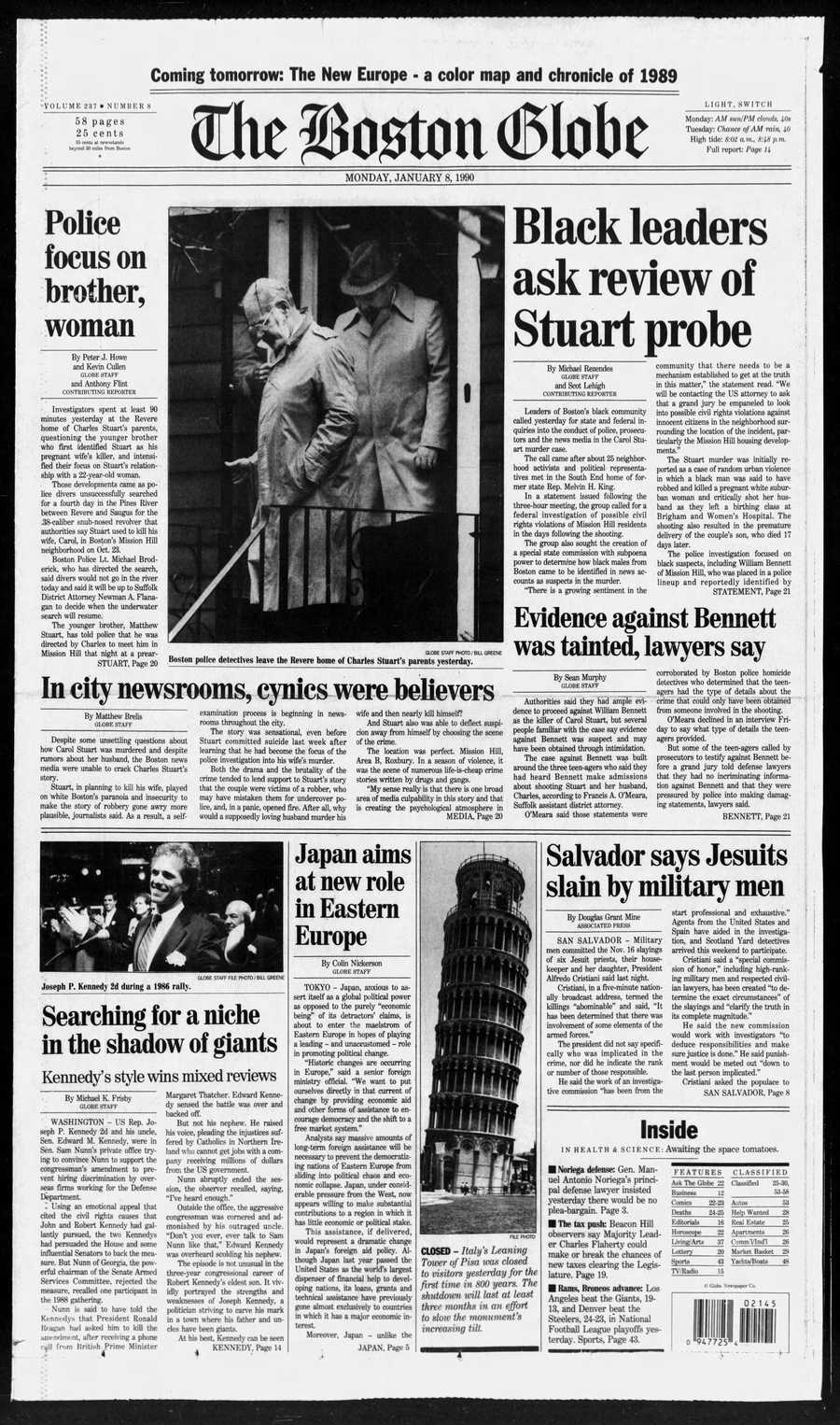 Boston Globe front from Jan. 8, 1990