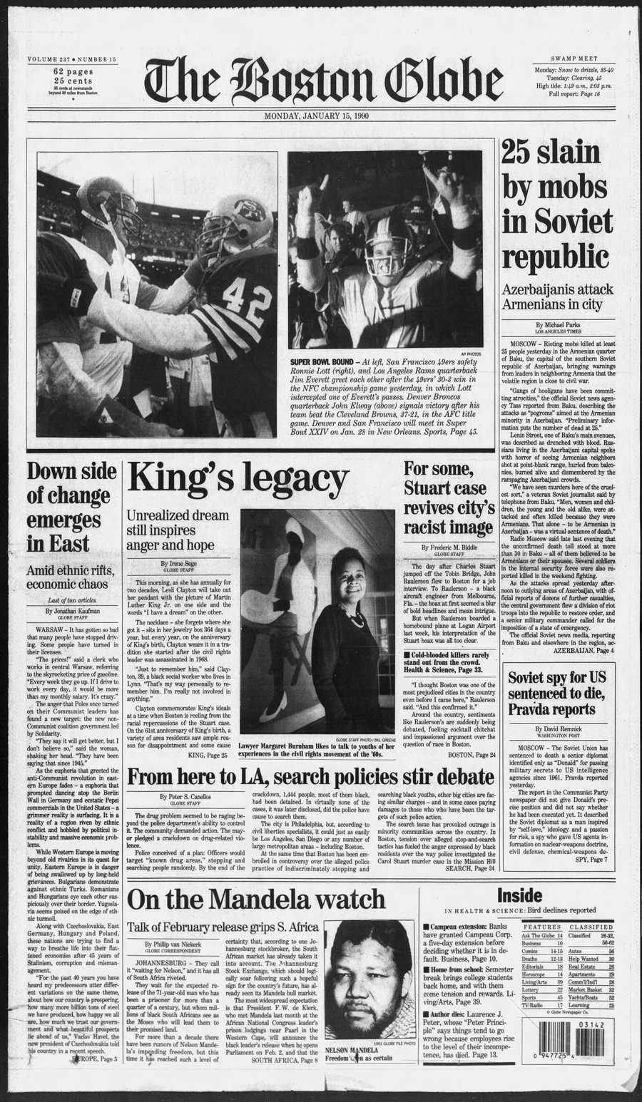 Boston Globe front for Jan. 15, 1990