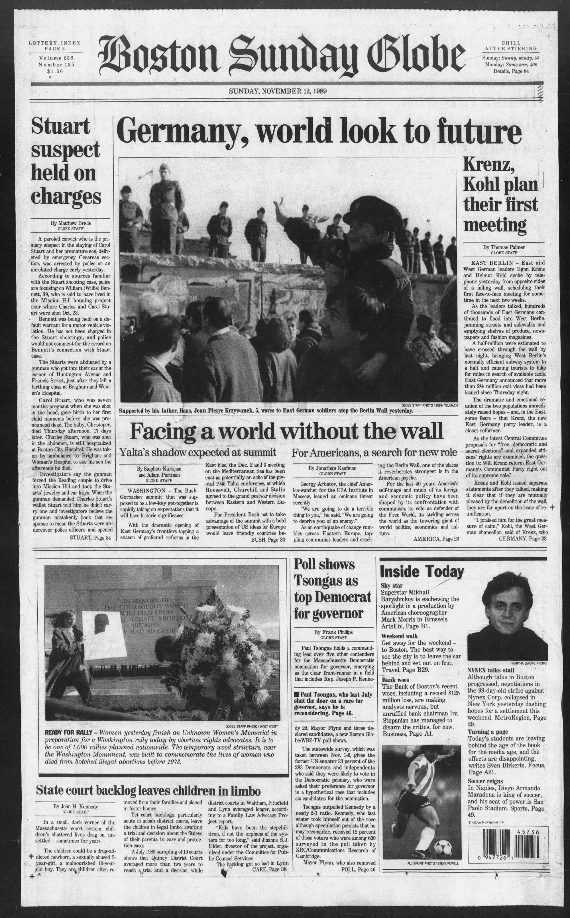 Boston Globe front from Nov. 12, 1989