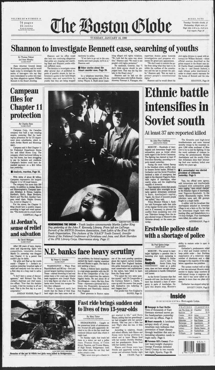 Boston Globe front from Jan. 16, 1990