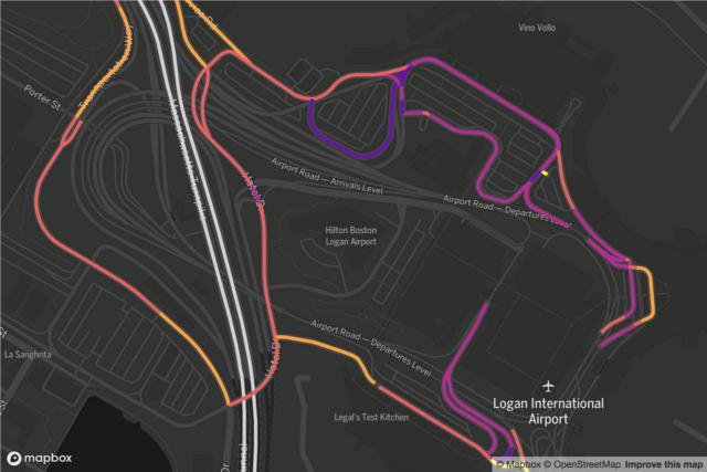 Map of rideshare traffic on roads at Logan airport at 10 pm