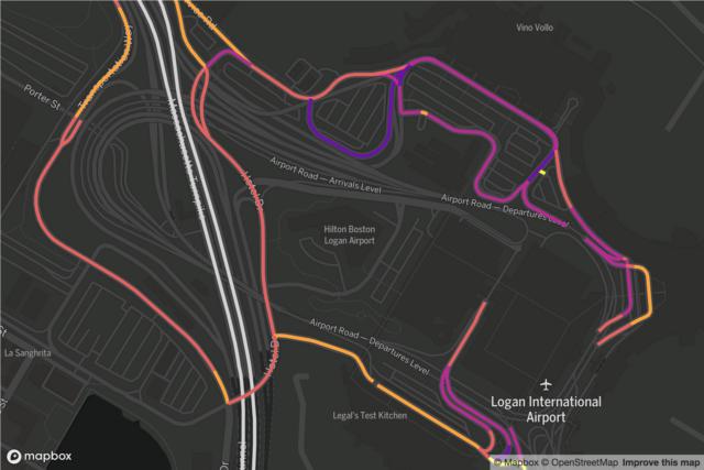 Map of rideshare traffic on roads at Logan airport at 11 pm