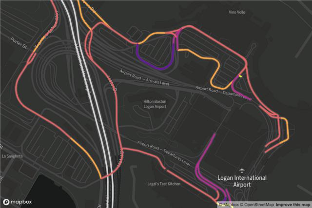 Map of rideshare traffic on roads at Logan airport at 12 pm