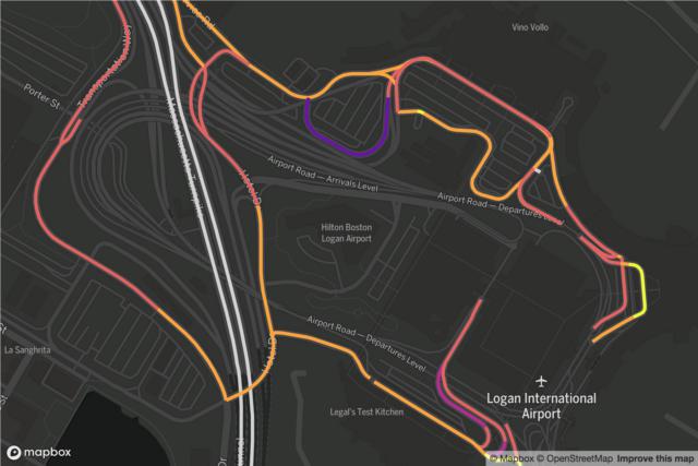 Map of rideshare traffic on roads at Logan airport at 13 pm