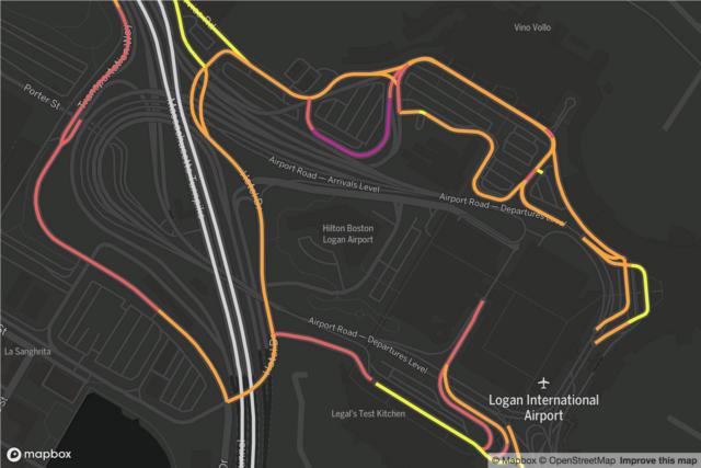 Map of rideshare traffic on roads at Logan airport at 14 pm