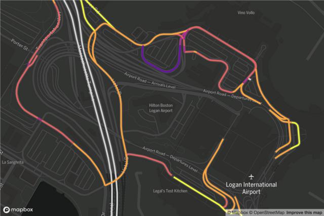 Map of rideshare traffic on roads at Logan airport at 15 pm