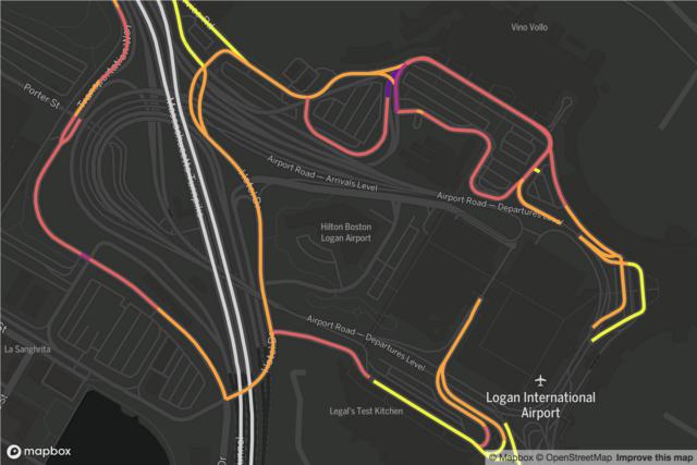 Map of rideshare traffic on roads at Logan airport at 16 pm