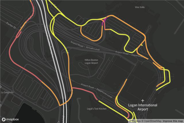 Map of rideshare traffic on roads at Logan airport at 17 pm