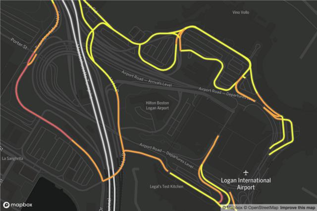 Map of rideshare traffic on roads at Logan airport at 18 pm