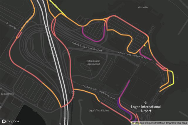 Map of rideshare traffic on roads at Logan airport at 7 pm