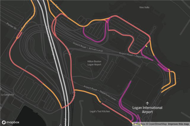 Map of rideshare traffic on roads at Logan airport at 8 pm