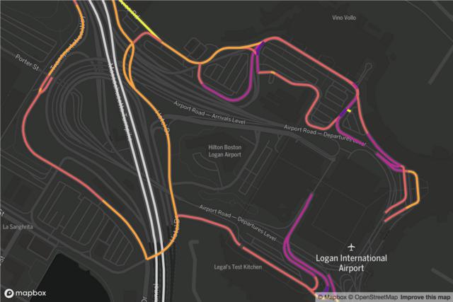 Map of rideshare traffic on roads at Logan airport at 9 pm