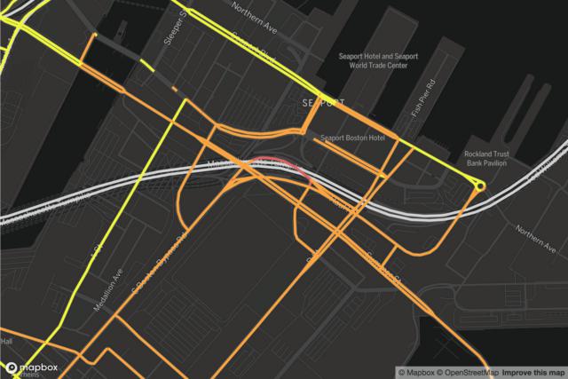 Map of rideshare traffic on roads in the Seaport district at 10 pm